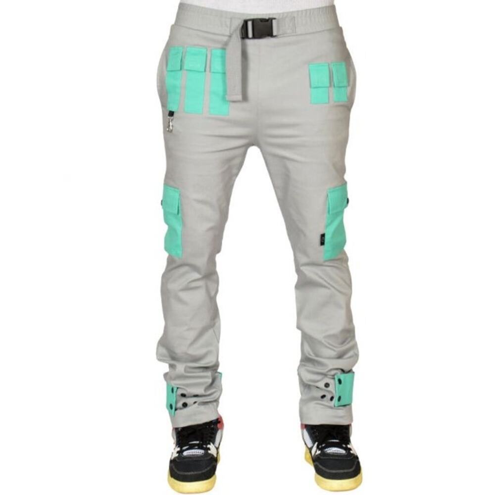 The Hideout Clothing Technical Cargo Joggers Gray w/ Teal Pockets Size Small NWT